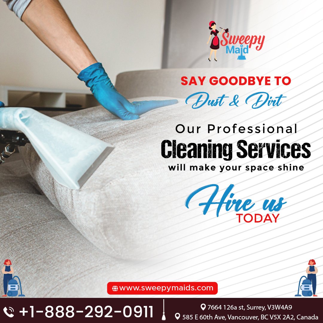 SAY GOODBYE TO
Dust & Dirt
Our Professional
Cleaning Services
will make your space shine
Hire us
TODAY

Contact: +1 8882920911
🌐sweepymaids.com

#ProfessionalCleaners #CleanHomeHappyLife #FreshStartCleaning #CleaningGoals #canada #kelownacleaning #nanaimocleaners