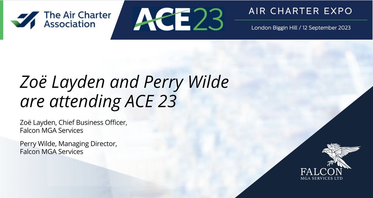 FalconMga's tweet photo. Our Chief Business Officer, Zoë Layden, and Managing Director, Perry Wilde, are attending #ACE23, hosted by @aircharterexpo Will you be attending? If so, you can contact the team beforehand on zoe.layden@falconmga.com.  https://t.co/m97HhtPuJz https://t.co/HfdjBXap14