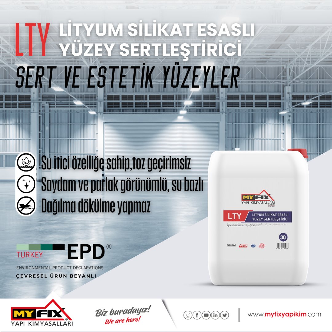 LTY-LİTYUM SİLİKAT ESASLI YÜZEY SERTLEŞTİRİCİ Beton ve çimento bazlı zeminlere uygulama için tasarlanmış, toz geçirimsiz, su bazlı, parlak, lityum silikat esaslı su itici sıvı yüzey sertleştiricidir. #yapıkimyasalları #zeminkoruma #endüstriyelzemin #myfixyapıkimyasalları