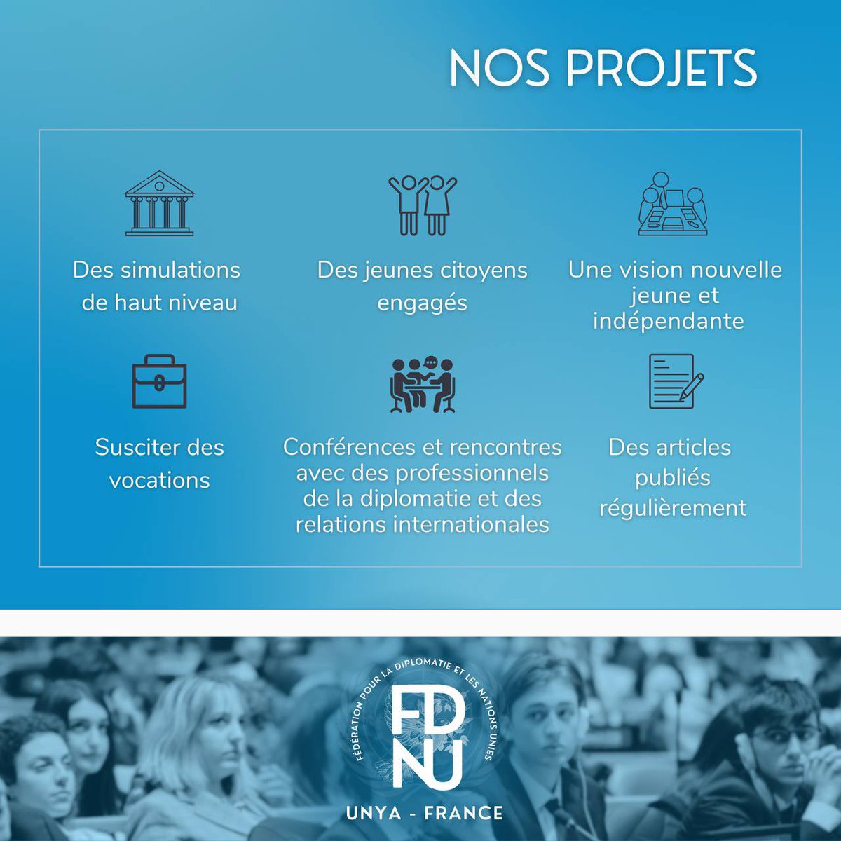 fdnu_france's tweet photo. 🇺🇳 Bienvenue sur le compte Twitter de la FDNU. Ici, nous vous informerons des actualités de l'association et des événements à venir.
✍🏼 Si vous voulez rejoindre nos équipes, envoyez-nous un dm ou un mail, à contact@fdnu.fr
#unya #jeunesse #diplomatie #ONU #diplomacy #youth https://t.co/eo2cU33HAS