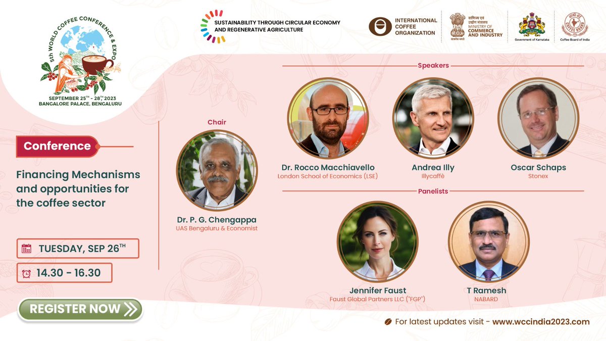 wccindia2023's tweet photo. Chaired by Dr. P.G. Chengappa, Former Vice Chancellor, UAS, Bengaluru Economist, experts will gather together to discuss "Financing Mechanisms and Opportunities for the Coffee Sector" as a part of the conference at #WCC2023. https://t.co/ZJlwaSY9WX
