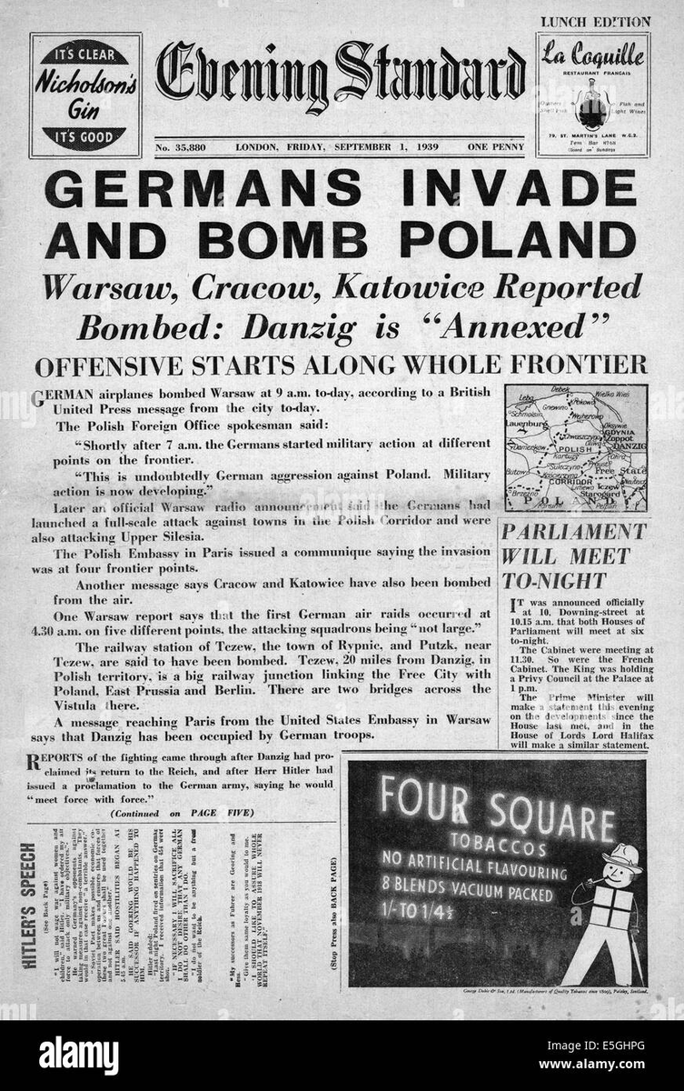 MappingQuart's tweet photo. 1 September 1939 – World War II: Germany and Slovakia invade Poland, beginning the European phase of World War II. https://t.co/gpwYlWmnsN