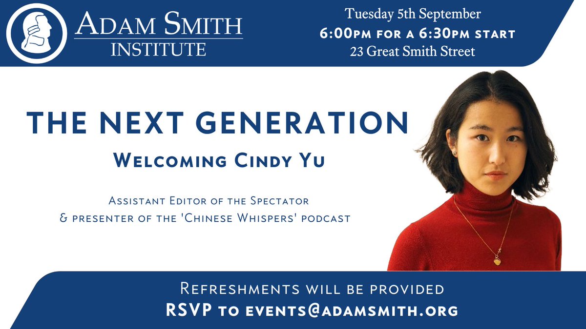 🚨Don't forget to RSVP to our TNG event next Tuesday! 🍷Join the ASI team and @CindyXiaodanYu for an evening of interesting political discussion and (free!) wine 📧Email your RSVP to events@adamsmith.org *This event is for u35s*