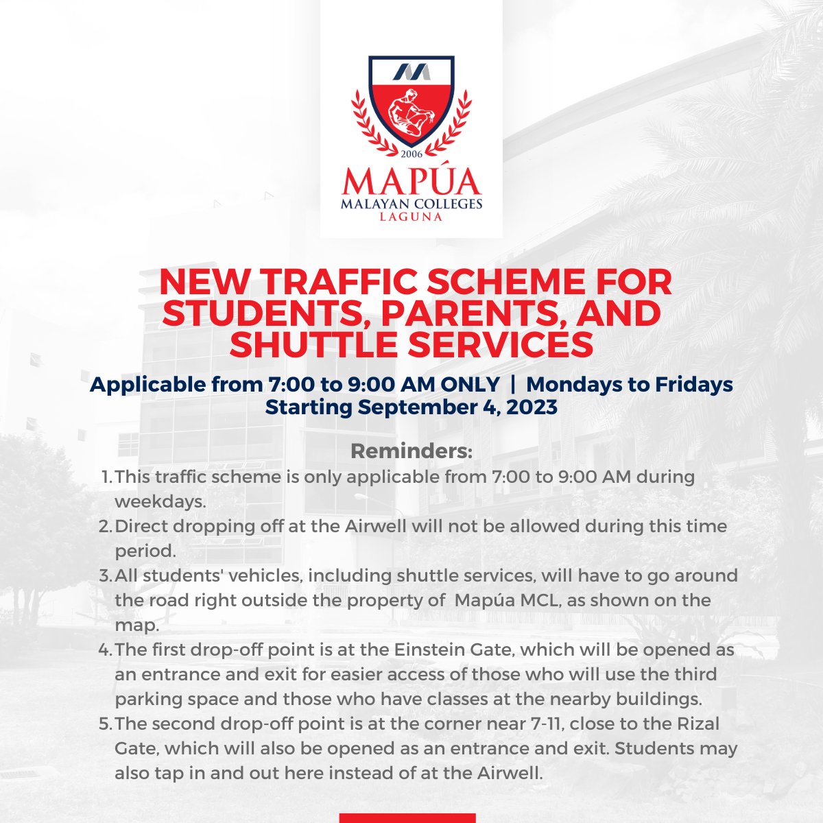 MapuaMCL's tweet photo. ANNOUNCEMENT: All Mapúa MCL Students, Parents, and Shuttle Services are advised to read the New Traffic Scheme below. 

Please note that this will be effective starting this September 4, 2023 and only applies from Mondays to Fridays from 7:00 to 9:00 AM ONLY. https://t.co/iiXuKyr1ge