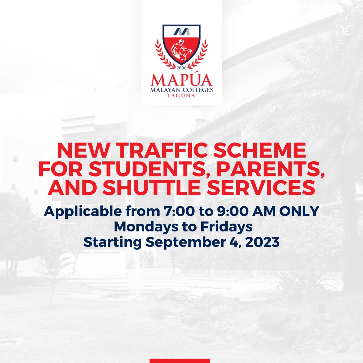 MapuaMCL's tweet photo. ANNOUNCEMENT: All Mapúa MCL Students, Parents, and Shuttle Services are advised to read the New Traffic Scheme below. 

Please note that this will be effective starting this September 4, 2023 and only applies from Mondays to Fridays from 7:00 to 9:00 AM ONLY. https://t.co/iiXuKyr1ge