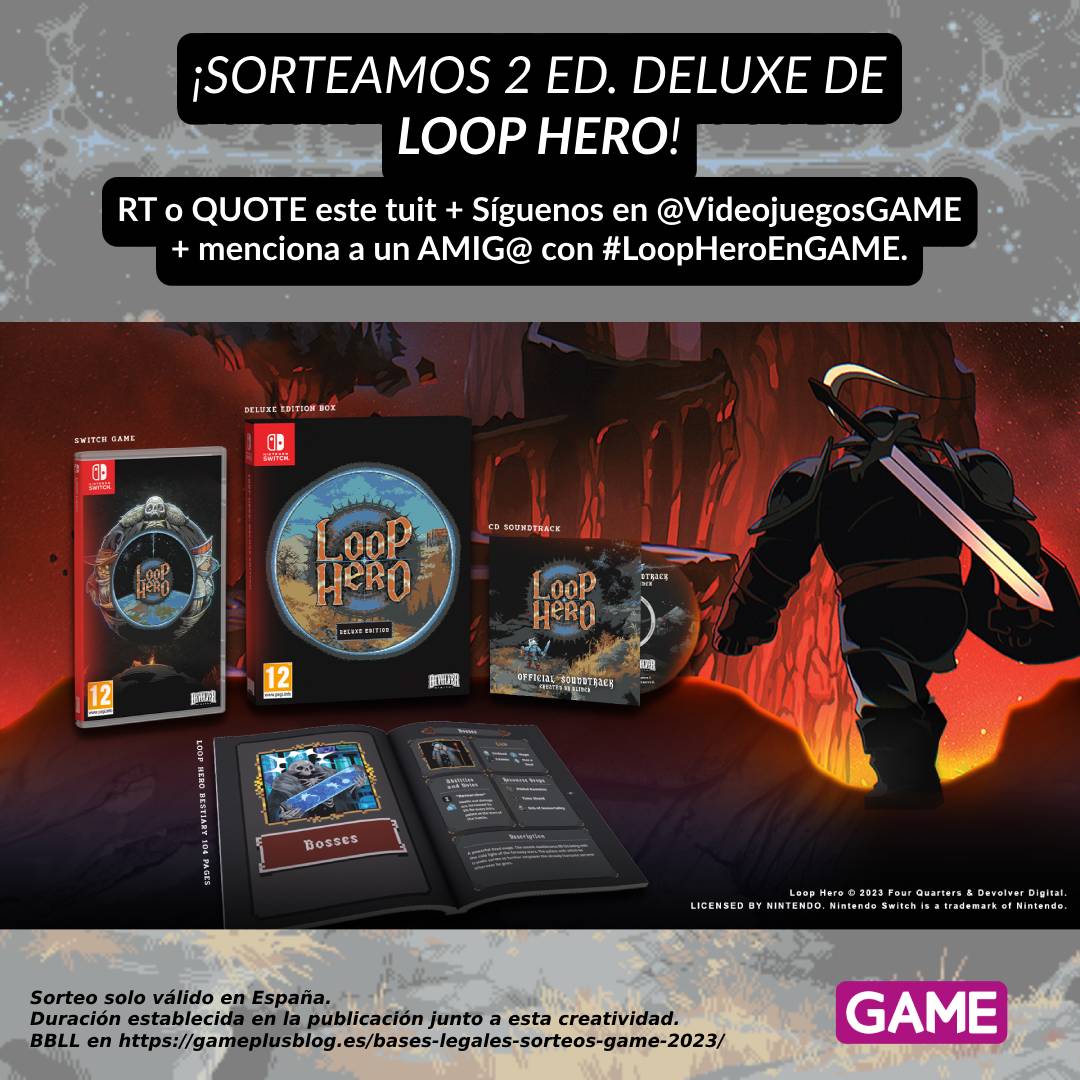 VideojuegosGAME's tweet photo. 🌀 ¡SORTEAMOS 2 ED. DELUXE DE LOOP HERO! 🌀

🔁 RT o CITA este tuit.
👥 Síguenos en @VideojuegosGAME.
💬 Menciona a un AMIG@ con #LoopHeroEnGAME.
⏱ Participa SOLO HOY hasta las 23:59.

Hazte con la ed. Deluxe Exclusiva GAME aquí ➡ https://t.co/LYn2jPx5Eu https://t.co/MRaAxpSu6n