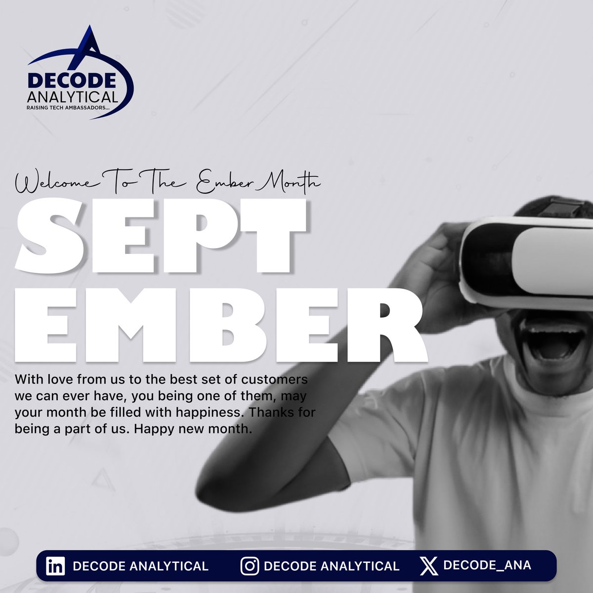 Decode_ana's tweet image. Get your shoes ready for the ..Ember months 🤩🤩

Happy New Month Everyone. Welcome to the last quarter of the year, make the best of it 🥳

#Decodeanalytical #happynewmonth #techcommunity