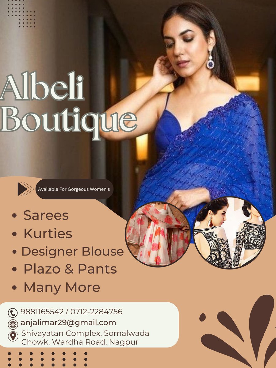 shopcardd's tweet photo. Your fashion defines your uniqueness so Albeli Boutique is Elegance designs will definitely compliment your personality.
Address:-Shivayatan Complex, Somalwada square,Wardha Rd, Nagpur.
Ph .No:-9881165542
https://t.co/WLWomMCtwl
#Albeliboutiqueshop #trendyoutfits #DKJ #ShopCardd https://t.co/mtv2OHNxhW