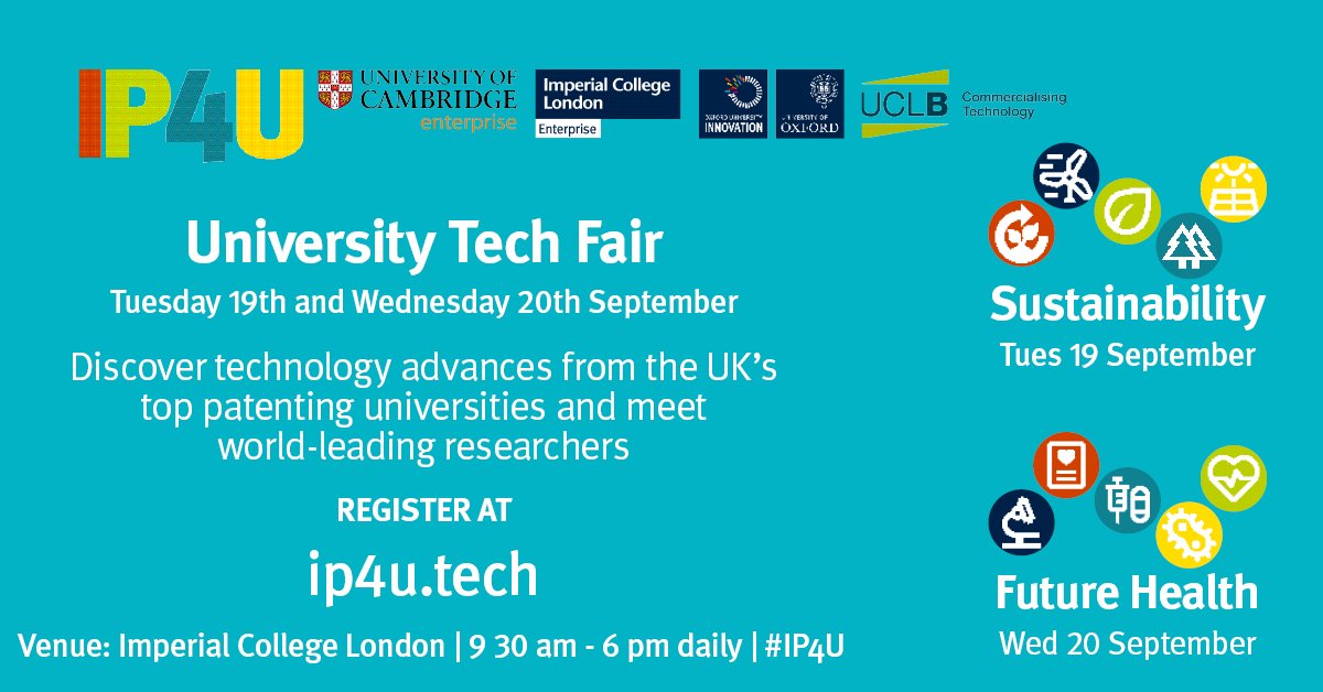 UCamEnterprise's tweet photo. The #IP4U University Tech Fair is focused on 2 key areas:
๐ฑSustainability
๐งโโ๏ธFuture Health
A partnership between @OxUInnovation , @UCL_Business & Imperial Enterprise the event is an incredible opportunity to learn, discover and collaborate!
Register: https://t.co/CsGT3w71f3 https://t.co/fqzLqq85Qw