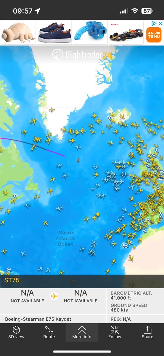 jsjallen's tweet photo. Apparently there is a Boeing-Stearman E75 Kaydet currently flying at 480kts and 41,000ft over the Atlantic Ocean. I hope for that pilots sake that’s not true 😂 @flightradar24 (cc @RiyadhK https://t.co/NqiNHu456z