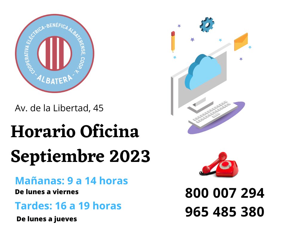 coopalbaterense's tweet photo. Horario oficina de la Coopertiva Eléctrica Benéfica Albaterense durante el mes de septiembre de 2023 https://t.co/13iozrdSP2