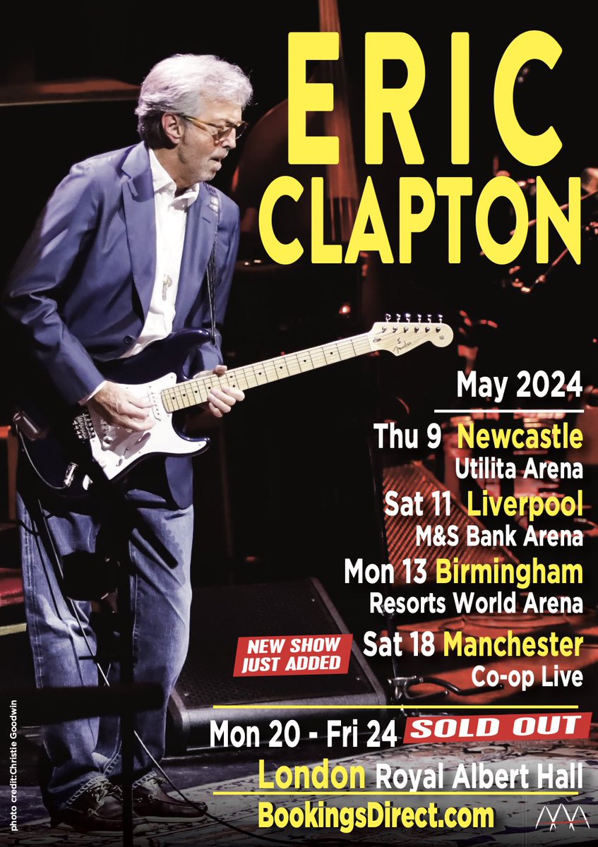 EricClapton's tweet photo. After ten years, Clapton will return to Manchester to play at the city’s new venue, @TheCoopLive on Saturday 18 May.  

Tickets are on sale at 10am on Monday 11 September from https://t.co/Mk6ZO7eTDT and https://t.co/KRSbANG6z3 https://t.co/9w0rtWPc5p