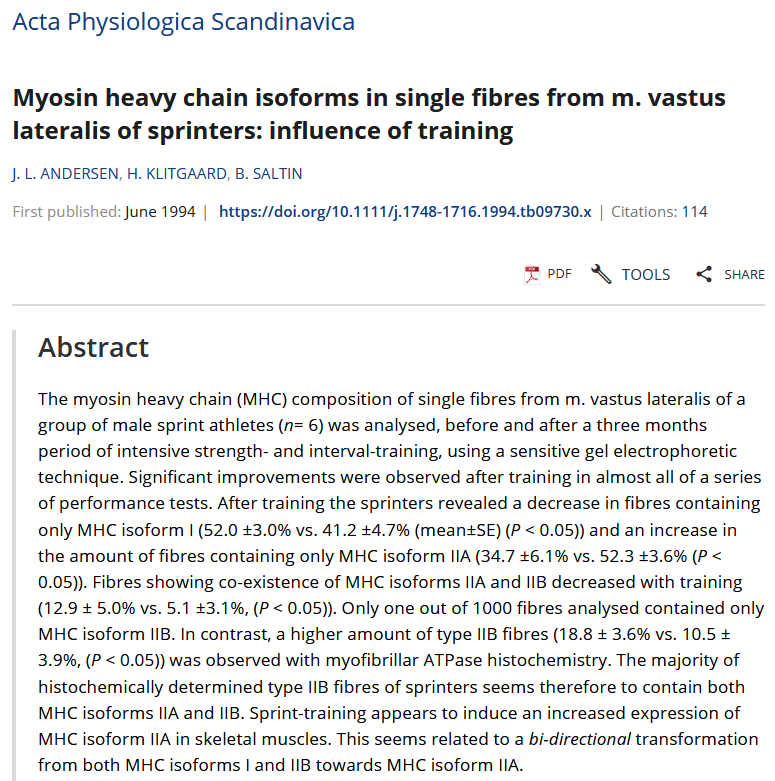 Jozo_Grgic's tweet photo. Changes in the proportion of muscle fibers with training

6 sprinters (100m results: 10.47-11.34 s)

Sprint/strength training
3 months, 6 days per week, 2.5-3 hours per day

7%⬇️in the proportion of type I fibers

16%⬆️in the proportion of type IIA fibers

https://t.co/x94CVJDh57 https://t.co/PyOc5KOkdy