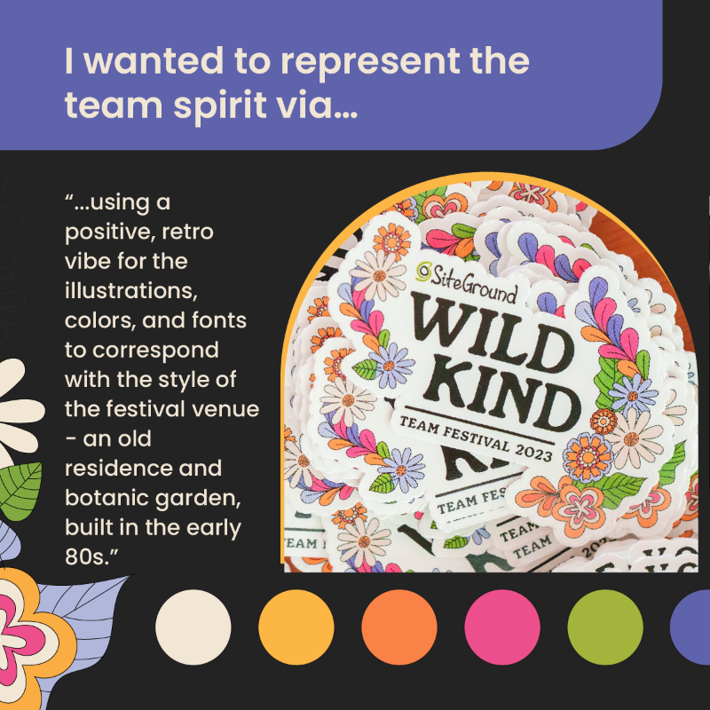 SiteGround's tweet photo. 🎆 Join us backstage at the SiteGround #TeamFest 2023.
➡️Swipe to see the story of our Design Lead for the project - Sophie & how her unique designs brought the fest to life.
🦄 See the passion that went into every detail, from the early sketches to the final festive feel. #BTS