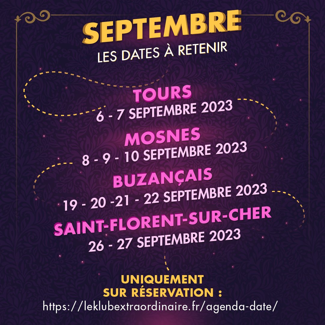 Les 6 et 7 septembre, Le Klub Extraordinaire sera à #Tours, du 8 au 10 à #Mosnes, du 19 au 22 à #Buzançais et, les 26 et 27 à #SaintFlorentSurCher

📆 Toutes les dates:   leklubextraordinaire.fr/agenda-date/

#Klubextraordinaire #Tournée2023 #roadshow #centrevaldeloire #RCVL
