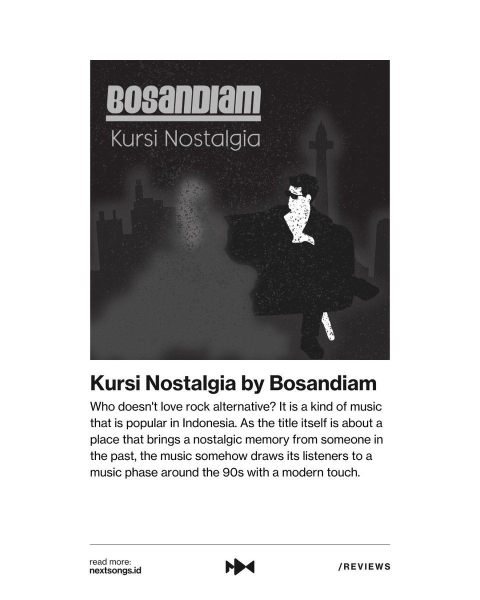 nextsongsID's tweet photo. As the title itself is about a place that brings a nostalgic memory from someone in the past, the music somehow draws its listeners to a music phase around the 90s with a modern touch.

Read the full review of 'Kursi Nostalgia by Bosandiam' at https://t.co/oLHd2hXzNQ

#nextsongs https://t.co/pno5FtTBGg