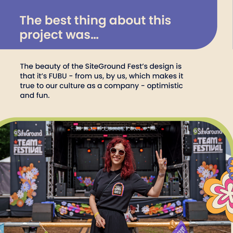 SiteGround's tweet photo. 🎆 Join us backstage at the SiteGround #TeamFest 2023.
➡️Swipe to see the story of our Design Lead for the project - Sophie & how her unique designs brought the fest to life.
🦄 See the passion that went into every detail, from the early sketches to the final festive feel. #BTS