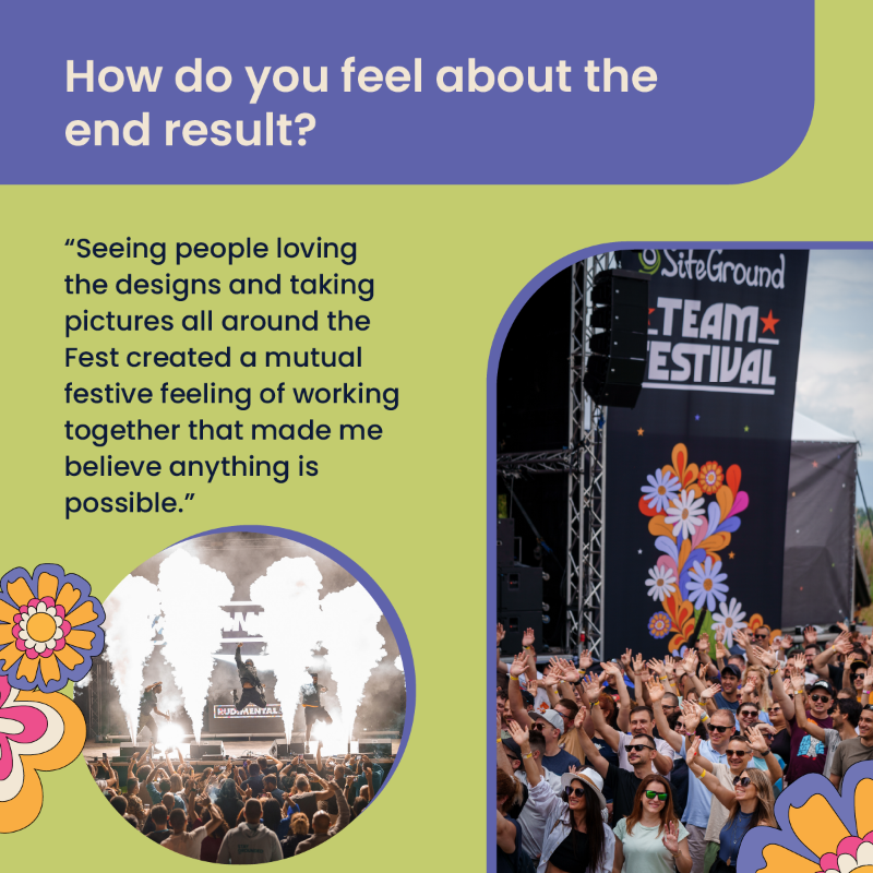 SiteGround's tweet photo. 🎆 Join us backstage at the SiteGround #TeamFest 2023.
➡️Swipe to see the story of our Design Lead for the project - Sophie & how her unique designs brought the fest to life.
🦄 See the passion that went into every detail, from the early sketches to the final festive feel. #BTS