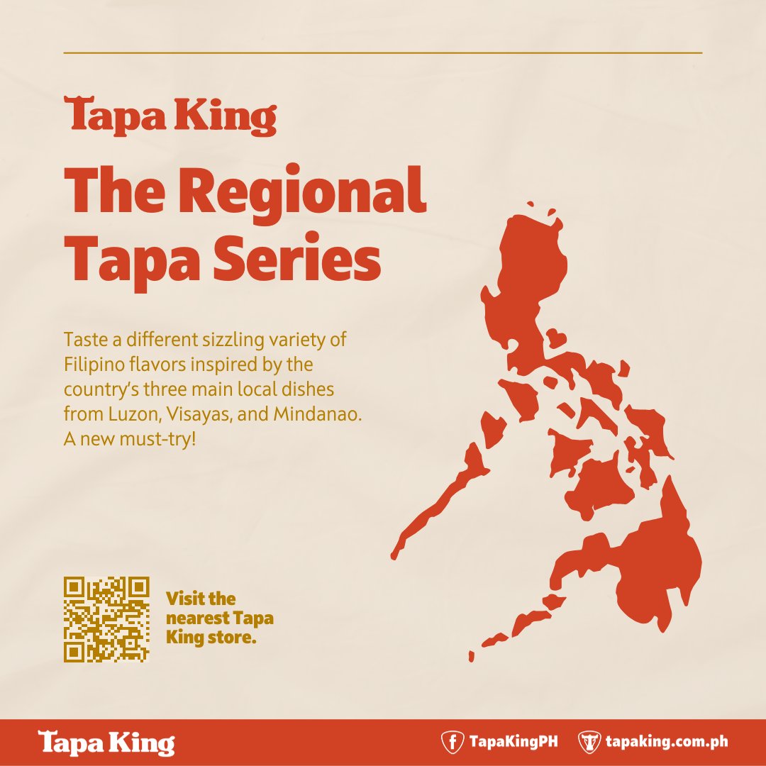 TapaKingPHL's tweet photo. From the sweet Tapa Hamonado of Luzon to the savory Tapa Inasal of Visayas and the aromatic Tapa Satti of Mindanao, get ready to indulge in a celebration of flavors that express the richness of our country's cuisine! Tara kain!โ ๐ต๐ญ๐
#RegionalTapaSeries #TapaKing https://t.co/JXs7NsnQ4k