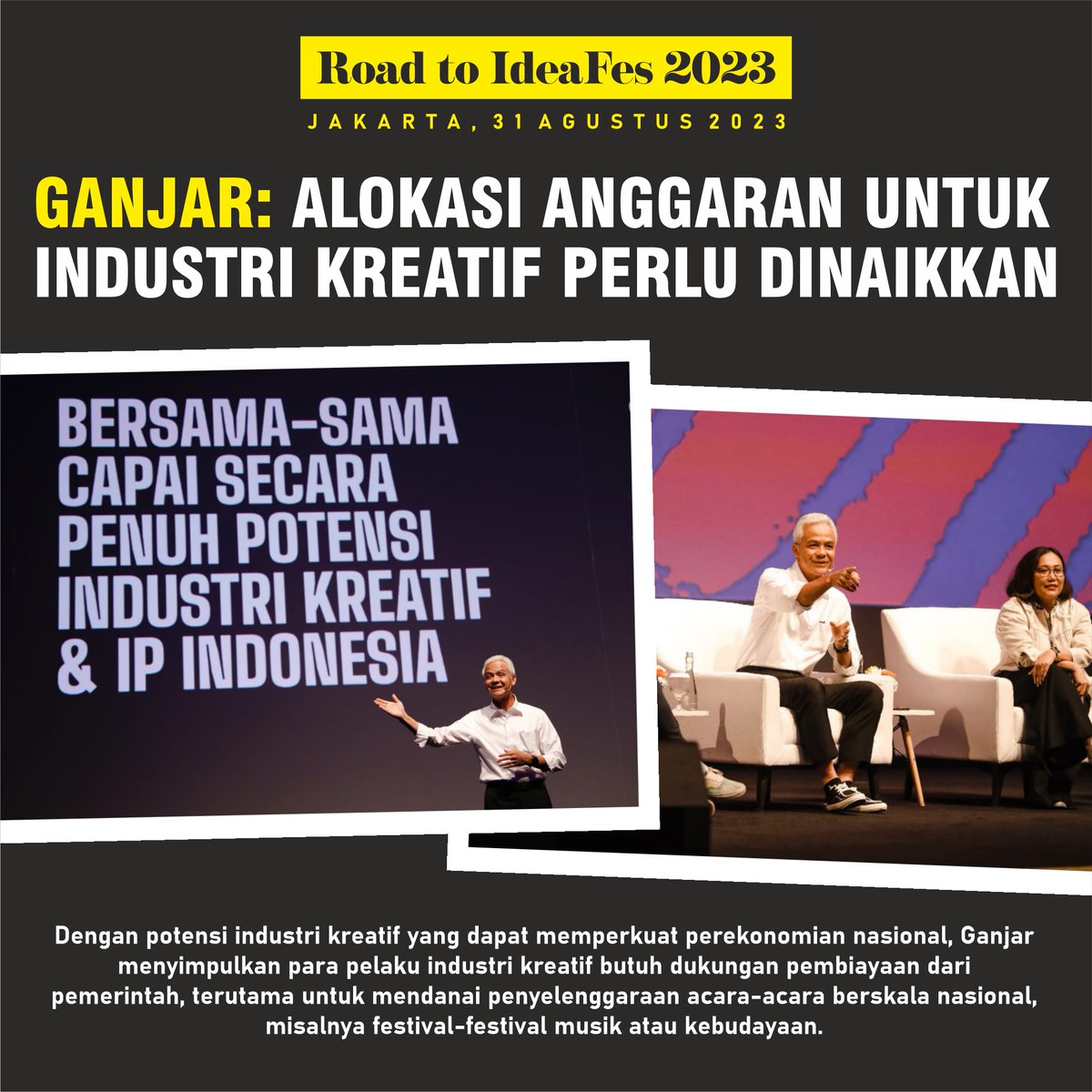 Dalam Road to IdeaFest 2023, Ganjar Pranowo mengatakan percaya industri kreatif memiliki potensi sangat besar dalam mengangkat perekonomian nasional. #gangłysego #Kushi #paktelur #ukrainecounteroffensive #GanjarPilihanRakyat