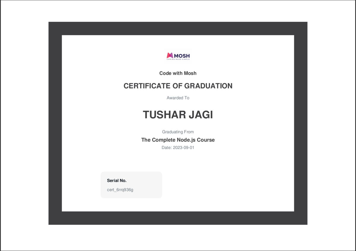 tusharjagi's tweet photo. "π Just completed @moshhamedani's course on #NodeJS, #MongoDB, #Mongoose, and #ExpressJS! π Mosh's teaching style and practical approach made learning a breeze. I'm now equipped with the skills to build amazing web apps. Highly recommend! π¨βπ» #CodeWithMosh #WebDevelopment" https://t.co/e4l43xwNVt