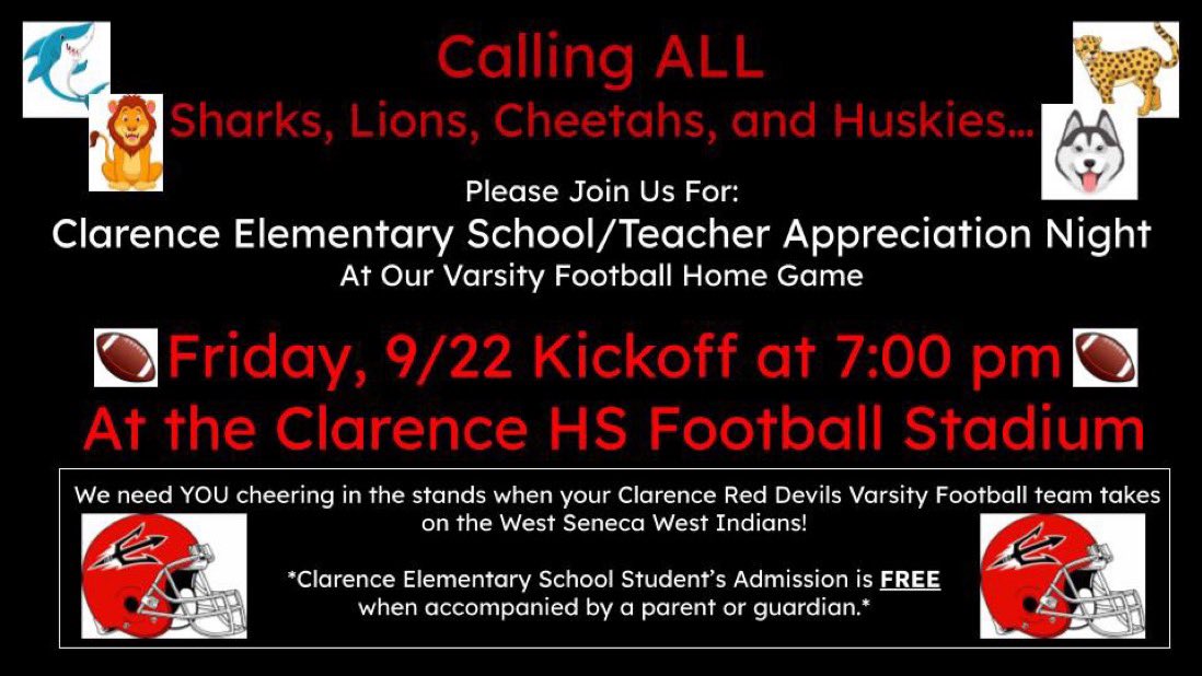 Mark your calendars ➖ Clarence Elementary School Teacher Appreciation Night 9/22 at 7pm