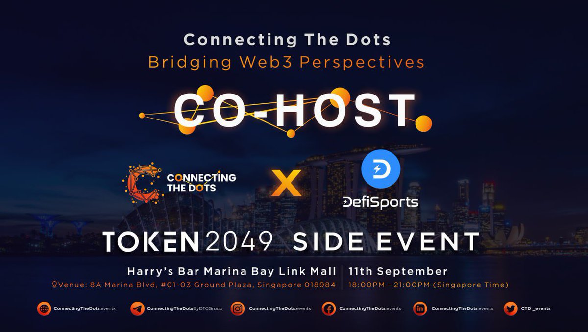 DefiSportsCoin's tweet photo. We're excited to announced that DefiSports  we are officially the co-host for upcoming event on this 11th September!

📆 Date: 11th September 2023
🕒 Time: 18:00 - 21:00
📍 Venue: Harry’s Bar Marina Bay Link Mall

🟦 First offline event 

#Token2049 #SportsTech #Networking https://t.co/e6IZoYSYBf