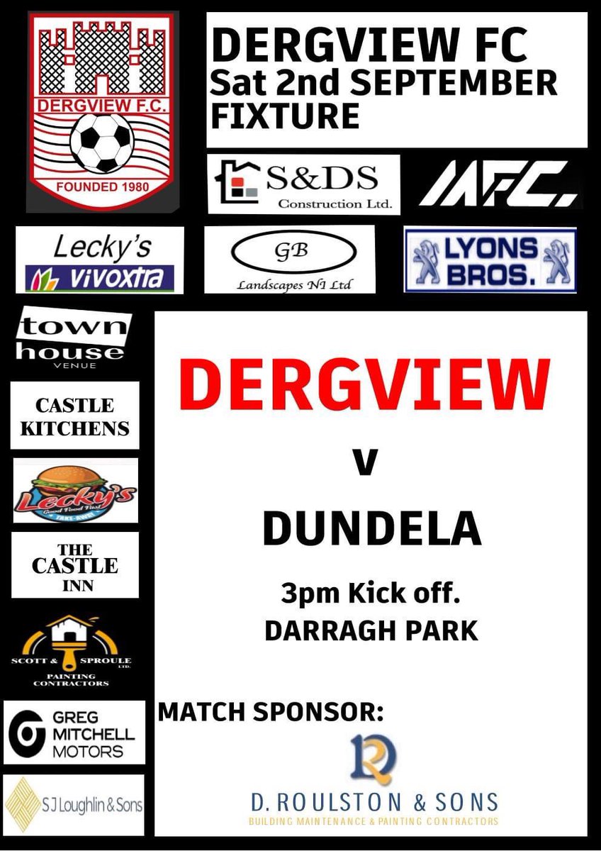 Sat 2nd Sept @PlayrFit Championship Dergview v @dundelaofficial Darragh Park kick off 3pm A big thank you to Mr Dessie Roulston of D Roulston and Sons for their continued support and sponsoring the match! @OfficialNIFL @mfc_sports @gregmitchellmo
