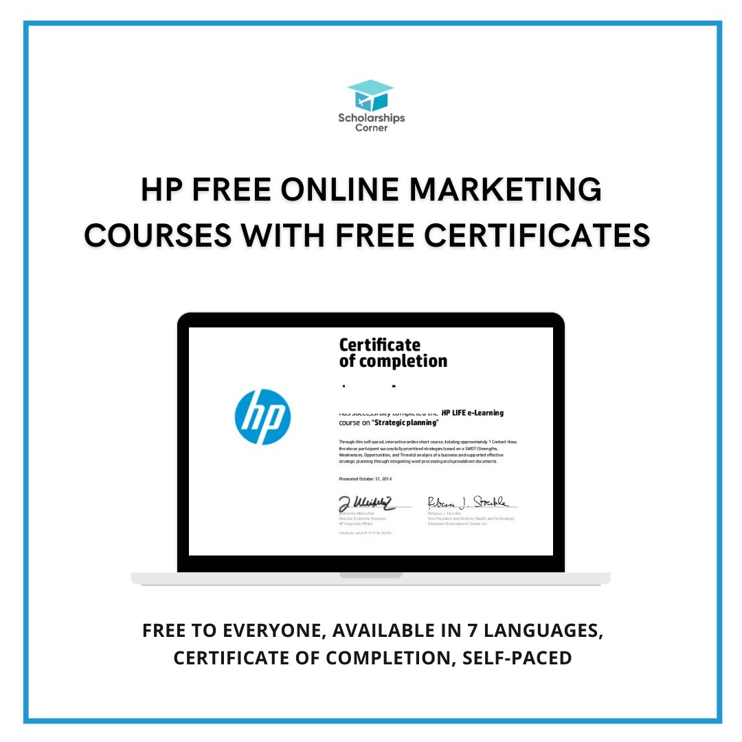 HP Free Online Courses with Free Certificates 2023

Benefits:

Self-paced
Free certificate of completion
Available in 7 languages
100% online
Free and no registration fee

Link: scholarshipscorner.website/hp-free-online…

Enroll Now.

#ScholarshipsCorner #FreeOnlineCourses #FreeOnlineCourse