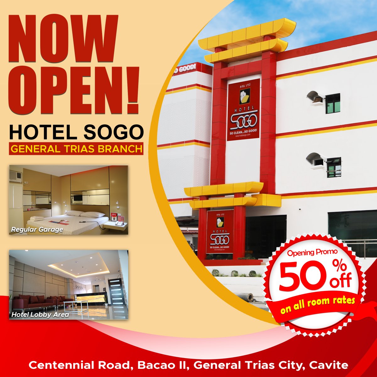 HotelSogo's tweet photo. Indulge in a delightful getaway and avail a 50% discount! Hotel Sogo General Trias invites you to experience comfort and affordability, creating a charmful retreat.

#HotelSogo 
#HereAtHotelSogo 
#SoCleanSoGoodSoSafe 
#DahilMahalKitaGustoKoSaSogoKa https://t.co/l4U7RGVYFM