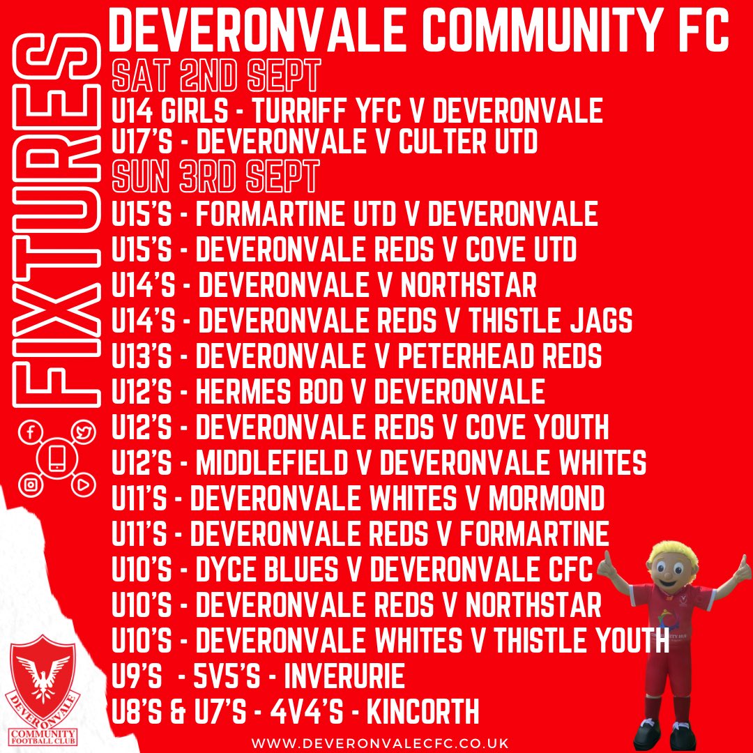 All the clubs weekends fixtures,kicking off at Canal park tomorrow,Sundays matches utilise Canal Park,both Deveron centre &amp; Macduff Astro pitches &amp; grass pitches at Banff Academy. 10:30am Kick off’s. 
have a great weekend of football &amp; safe travels. 
#valecommunity #savecanalpark