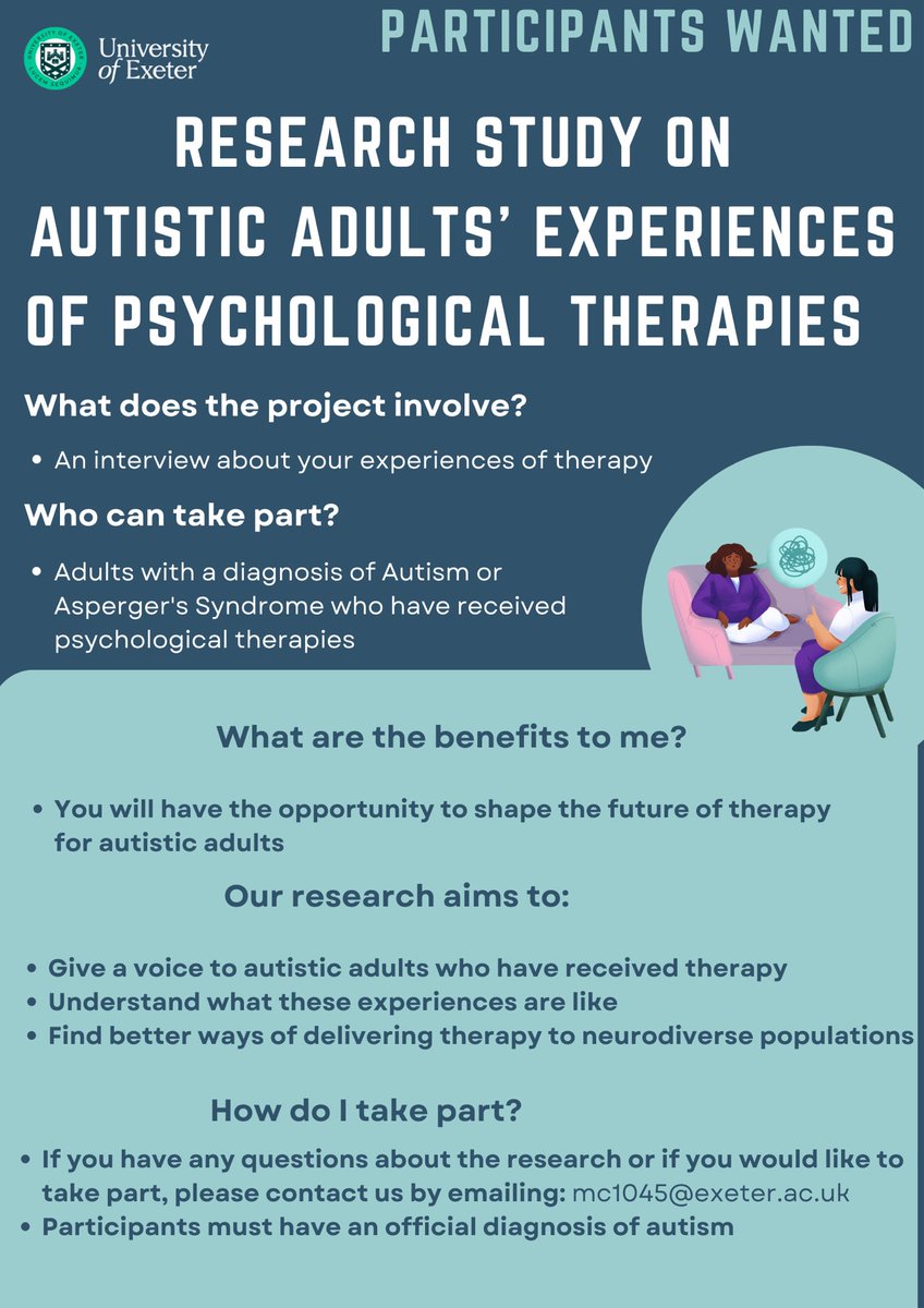 ChwMartyna's tweet image. Are you an autistic person who wants to make a positive impact on psychological therapies? We need more participants to take part in the study. 
@Autism #autism #research #AutismAwareness