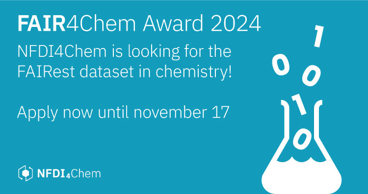 The #FAIR4Chem Award honors researchers who publish their data. It's given for datasets that best meet FAIR principles (discoverable, accessible, interoperable, and reusable). 

Prize money: 500 € 🏆
Deadline 17.11.2023.
bit.ly/3sCGoct 

<a href="/GDCh_aktuell/">GDCh</a> <a href="/JungChemiker/">JungesChemieForum</a>