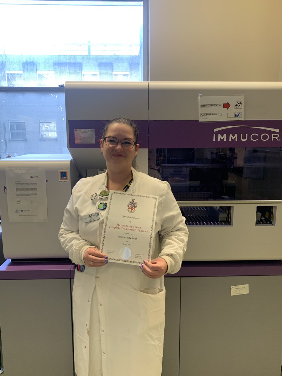 UHP_Transfusion's tweet photo. Massive congratulations to Jess who passed her Specialist certificate in Haematology with Hospital Transfusion practice! @UHP_NHS @Pathology_UHP #bloodbankteam #safetransfusion https://t.co/lvnXPG8FUe