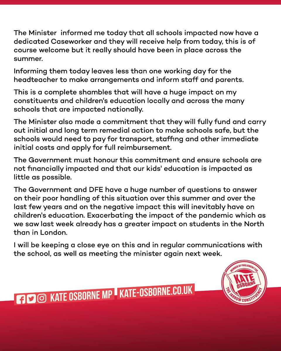 KateOsborneMP's tweet photo. Govt have known RAAC is unsafe since 2018

This impacts schools in my constituency, I've been in contact with Ministers &amp; DFE over summer &amp; again this morning

One days notice that they cannot  open on Monday is completely unacceptable.

Once again Govt failing our communities👇 https://t.co/0fJMJn1JiX