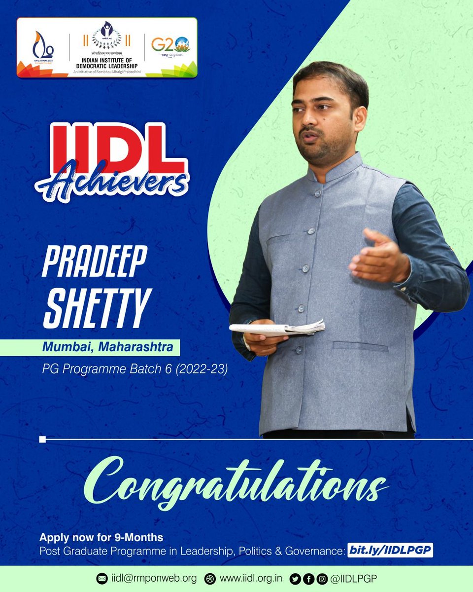 iidlpgp's tweet photo. #IIDL- Indian Institute of Democratic Leadership’s Batch 6 student- @Pradeep__Shetty is an IIDL Achiever from Mumbai, Maharashtra.
You can be one of the #IIDLAchievers too.
Apply now to #JoinIIDL's PGP 2023-24 Batch➡️ https://t.co/MN4lJeNlG0
#IIDLPGP https://t.co/SaXkxcESMj