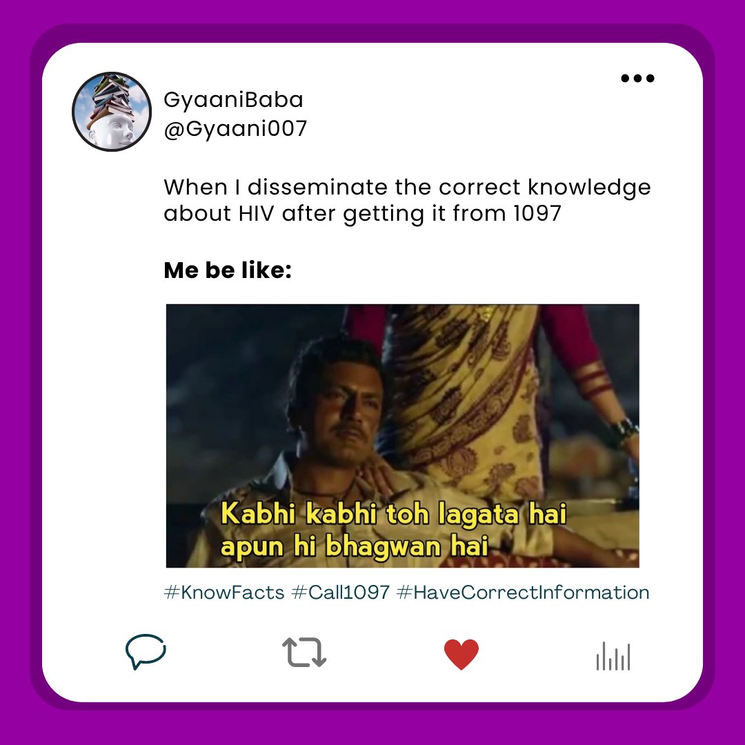 NACOINDIA's tweet photo. Call our National #TollFree #AIDS #Helpline 1097 for HIV/AIDS-related queries.
#KnowFacts #Call1097 #HaveCorrectInformation #Knowledge #HIV #Meme #Trending
@MoHFW_INDIA https://t.co/l8410rxrCM