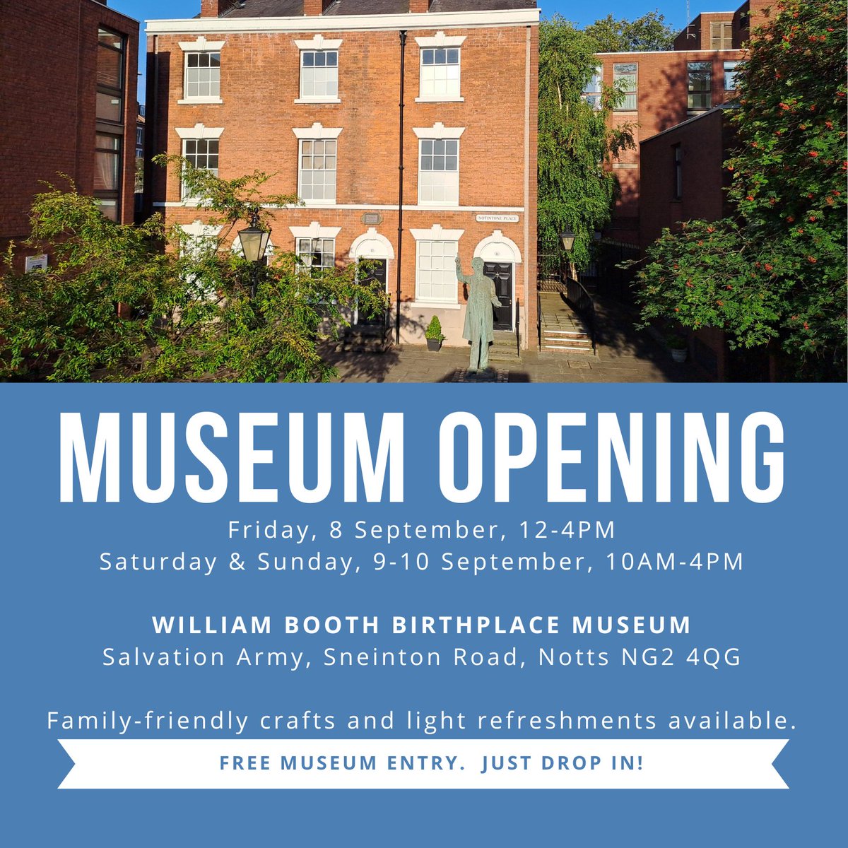 William Booth Birthplace Museum (@wmboothmuseum) on Twitter photo Visit us 8-10 Sept for #HeritageOpenDays. Drop in Fri (12-4pm), Sat & Sun (10am-4pm) & explore William's early childhood home. FREE entry. Family-fun crafts & refreshments available. All welcome!🤗
<a href="/nottm_events/">What's On Nottingham</a> <a href="/whatsonnotts/">What's On Nottinghamshire</a> <a href="/VisitNotts/">Visit Nottinghamshire</a> <a href="/No1tingham/">No1tingham</a> <a href="/NottinghamTIC/">Nottingham Tourism Centre</a> <a href="/things_to_do/">Things to do Notts</a> Visit us 8-10 Sept for #HeritageOpenDays. Drop in Fri (12-4pm), Sat & Sun (10am-4pm) & explore William's early childhood home. FREE entry. Family-fun crafts & refreshments available. All welcome!🤗
<a href="/nottm_events/">What's On Nottingham</a> <a href="/whatsonnotts/">What's On Nottinghamshire</a> <a href="/VisitNotts/">Visit Nottinghamshire</a> <a href="/No1tingham/">No1tingham</a> <a href="/NottinghamTIC/">Nottingham Tourism Centre</a> <a href="/things_to_do/">Things to do Notts</a>