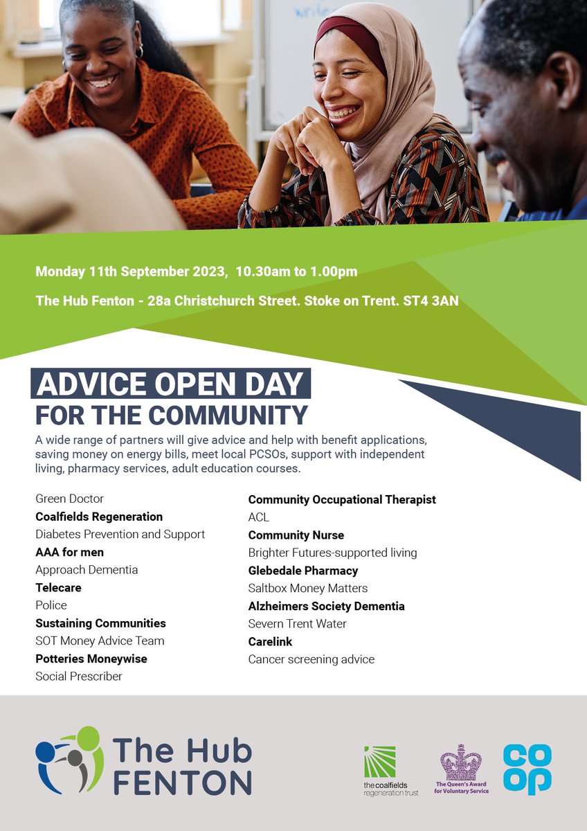 Monday, 11th September, 10.30 to 1.00 an Open Day for the community to access help and advice about benefits, health screening, reducing bills, support for carers. Help will be available to complete applications for a range of benefits and grants. 
The Hub Fenton ST4 3AN