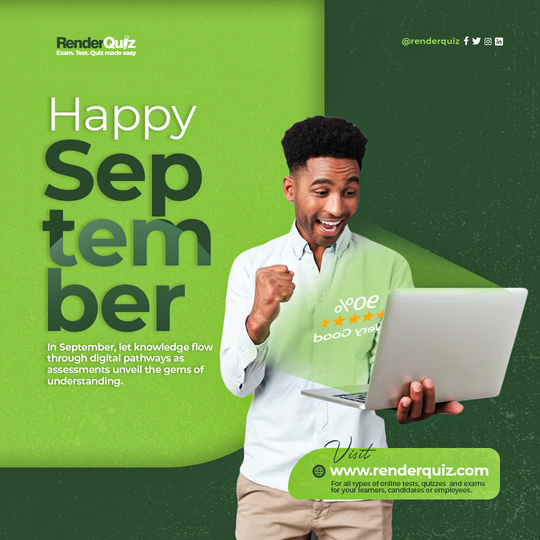 Renderquiz's tweet image. Welcome to September🎉...
Digitalize your examination process using Renderquiz.

Visit renderquiz.com to register with a free account and get started.

#September2023 #onlinetest #onlineexams #onlinequizzes #teachers #students #employers #schools
