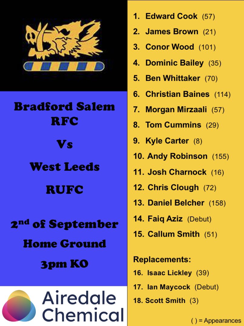 *Team Announcement*

Tomorrow we kick off the season by taking on West Leeds at our home ground… 

3pm kick off, bar open from 1pm and food will be available throughout the day 👍🏼

Get yourselves down to Shay Lane tomorrow and let’s start as we mean to go on 👏🏻 🏉 🍻 🍔