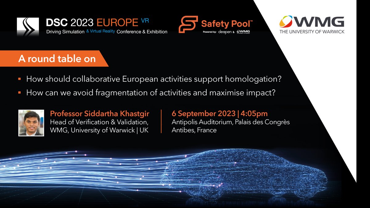 Looking forward to Driving Simulation Conference Europe 2023 in Antibes. Join us for the roundtable on role of #simulation for homologation of Connected &amp; #AutomatedDriving, &amp; how European research projects are enabling us to realize the mission of safe #selfdrivingvehicles...