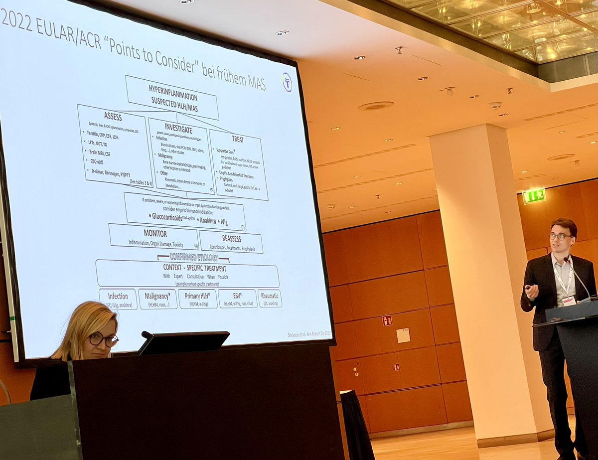 ChristinaDusing's tweet photo. EULAR/ACR 2022 „Points to consider“ beim frühen MAS vorgestellt von Stefan Vordenbäumen: ASESS🔍 , INVESTIGATE🦠 und TREAT🎯 in einer spannenden Session zur Autoinflammation @isabell_haase @rheumadocs @DGRh_Tweets https://t.co/yVfzLCeIbe