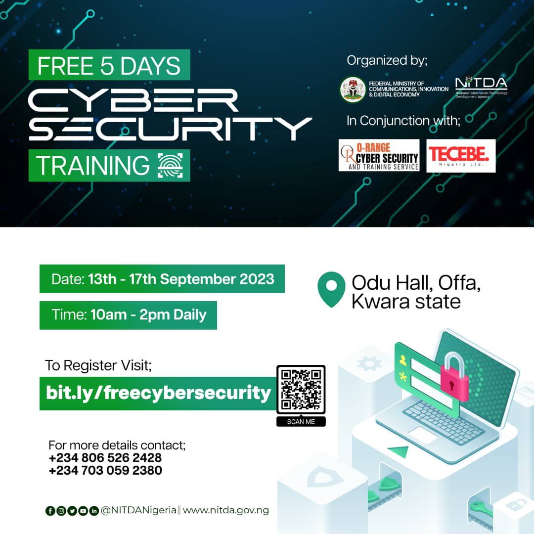 NITDANigeria's tweet image. FREE 5-Day Cyber Security Training

Date: Sept. 13, 2023, to Sept. 17, 2023

Registration Portal: bit.ly/freecybersecur…

As part of the Federal Government&apos;s commitment to create 1 million+ jobs in Nigeria&apos;s digital economy and to build the capacity of Nigerian youths in digital…