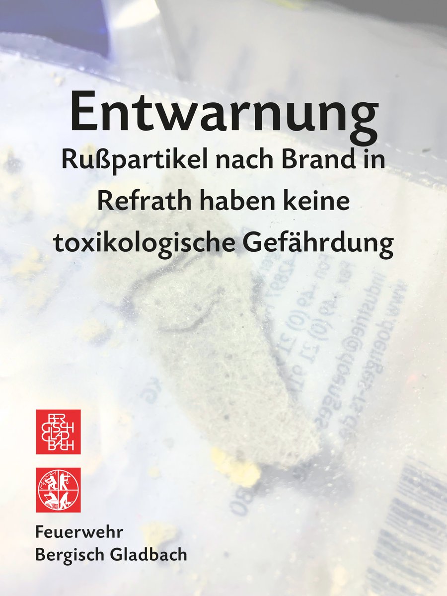 FeuerwehrGL's tweet photo. Wir dokumentieren die #Laborergebnisse nach dem #Großbrand letzte Woche in #Refrath in unserer Pressemitteilung:
▶️https://t.co/Q9OnIS3aRv
#EinsatzfürGL #BergischGladbach112 #BergischGladbach #Entwarnung #GL1 https://t.co/6yGzauiWmz