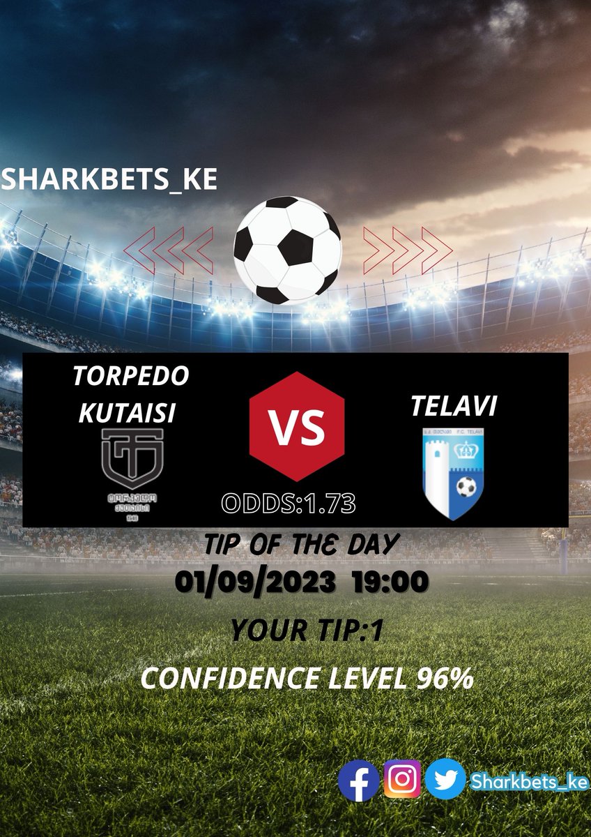 Sharkbets_Tips's tweet photo. Sharkbets_Tips Tip of the Day
⚽TORPEDO KUTAISI  V TELAVI
⏲ Kick Off 1900hrs E.A.T
📊 Confidence level 96%
🏆TORPEDO KUTAISI to win
#torpedokutaisi #telavi  #sharkbets #bettingtips #BYOB #ChinaWedsAlshabab Susan Nakhumicha #BedroomEssentials Susan Nakhumicha Rema Samsung https://t.co/Il3B9HLyFE