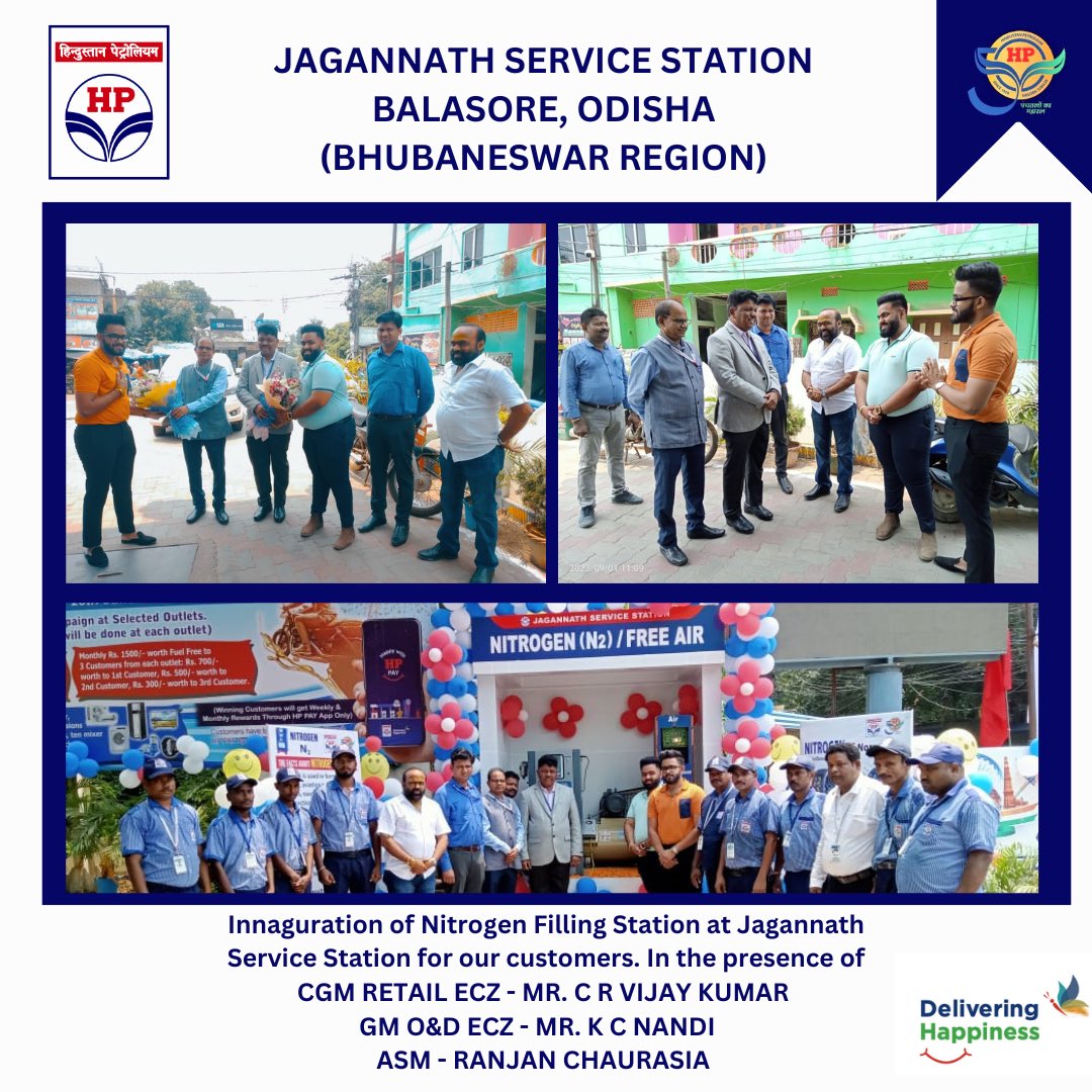 hpcl_jss's tweet image. 🎉 Exciting news! We're thrilled to announce the grand inauguration of our Nitrogen Air Facility at Jagannath Service Station, Azimabad, Balasore. Say goodbye to flat tires and hello to smoother journeys! 🚗💨 #HPCL #HPRetail #MeraHPPump @HPCL @hpcl_retail #deliveringhappiness