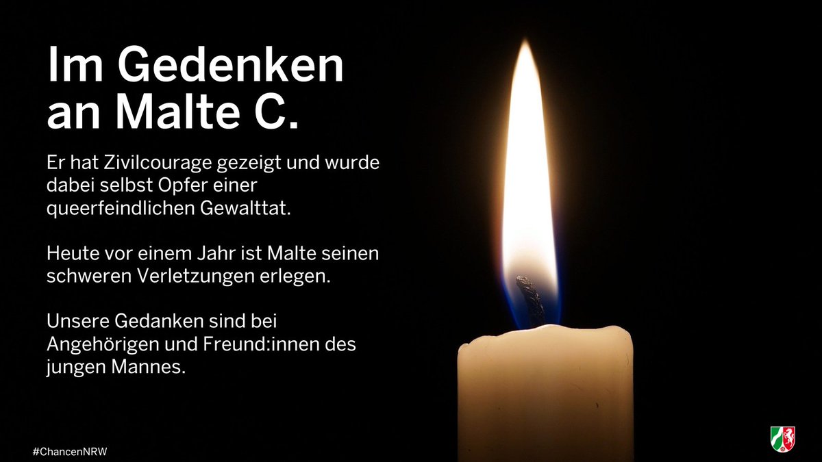 Heute vor einem Jahr ist #Malte C. bei einer Hassattacke auf dem CSD Münster tödlich verletzt worden. Der mutige, junge trans Mann ist eingeschritten, als ein Mann Frauen beleidigte. Unsere Gedanken sind bei den Angehörigen und Freund:innen von Malte.