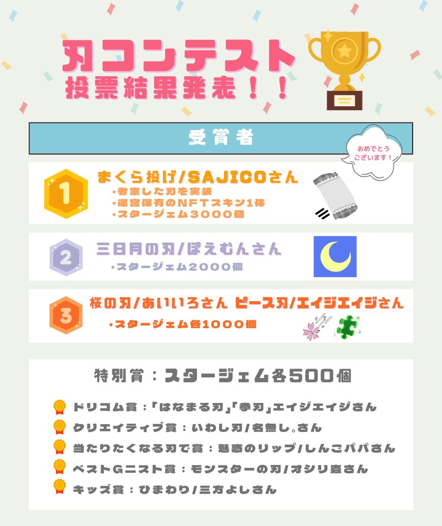 GGGGG公式 (@ggggg_ja) on Twitter photo 🎊 #GGGGG 刃コンテスト結果発表🎊
たくさんのご参加誠にありがとうございました!
決選投票の結果、見事大賞に輝いたのは
⚡🗡️「まくら投げ」🗡️⚡(<a href="/sajico_nft/">SAJICOママ🌷相互フォロー🌼目標フォロワー1万人🩵</a>)
おめでとうございます❗️❗️
上記刃はショップアイテムとして実装予定です。続報をお待ち下さい。
その他の入賞作品も発表✨ 🎊 #GGGGG 刃コンテスト結果発表🎊
たくさんのご参加誠にありがとうございました!
決選投票の結果、見事大賞に輝いたのは
⚡🗡️「まくら投げ」🗡️⚡(<a href="/sajico_nft/">SAJICOママ🌷相互フォロー🌼目標フォロワー1万人🩵</a>)
おめでとうございます❗️❗️
上記刃はショップアイテムとして実装予定です。続報をお待ち下さい。
その他の入賞作品も発表✨