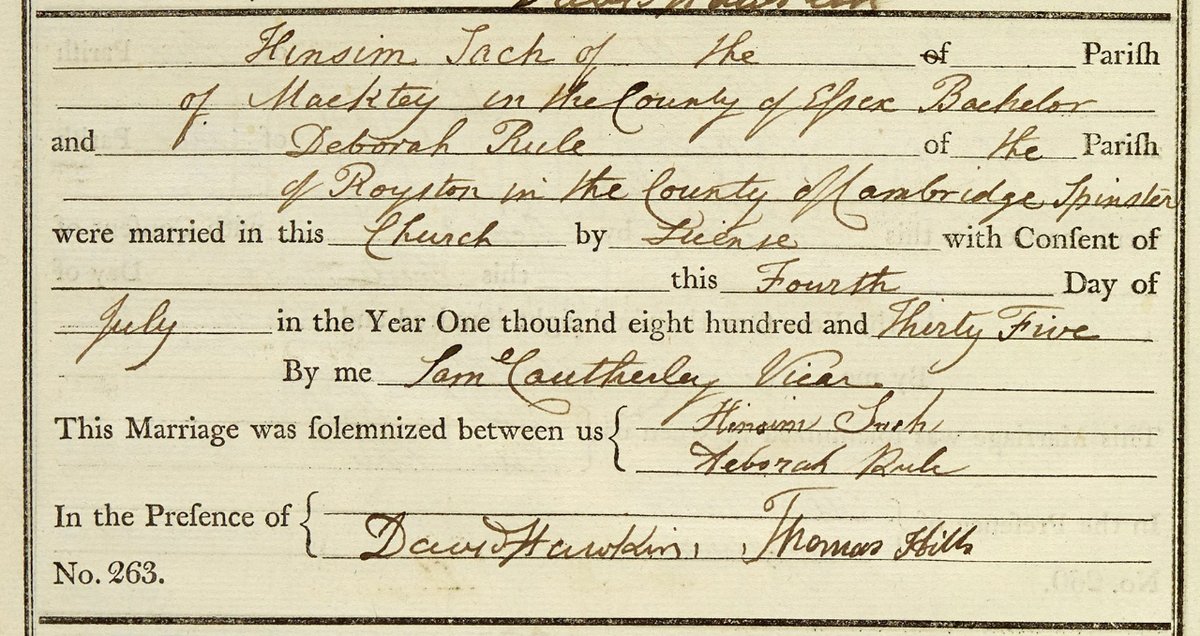 HertsArchives's tweet image. The unusual name we have for you this #FamilyHistoryFriday is... Hinsim Sach. He got married to Deborah Rule in Royston, 1835. We've searched on @findmypast and we can only find this one entry for the name Hinsim, anyone have any ideas about it's origins?
(DP/87/1/10)